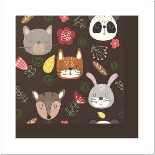 Woodland animals kids pattern brown background Posters and Art